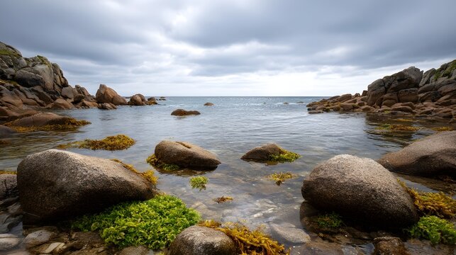 A serene cloudy day at a rocky shoreline featuring large boulders and abundant seaweed in the calm ocean waters - Powered by Adobe