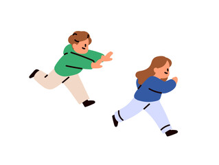 Happy students play tag together on playground. Cute children run and catch up. Funny kids have fun. Little friends are rushing outdoors. Flat isolated vector illustration on white background.