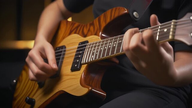 Macro close‑up of guitarist’s skilled hands playing electric guitar fast, motion blur and stage lighting energy

