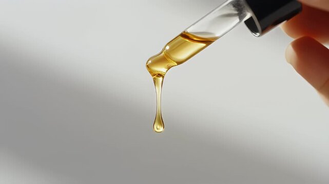 Hyper‑realistic macro of glass dropper dispensing golden cosmetic serum, clean white background, skincare product concept
