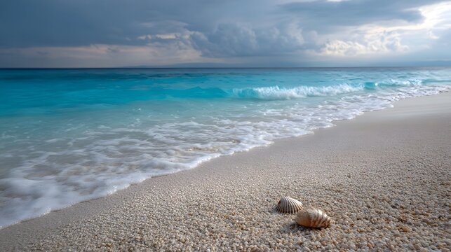 Turquoise sea waves wash onto a tranquil sandy beach with seashells under a dramatic cloudy sky at dawn - Powered by Adobe