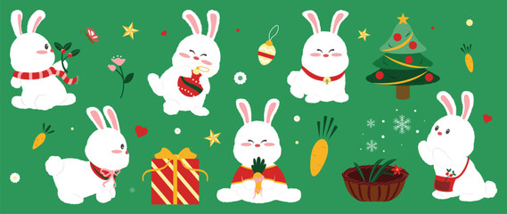 Fototapeta premium Christmas New Year Character Set with Cute White Rabbit, Holiday Animal Cartoon Character.