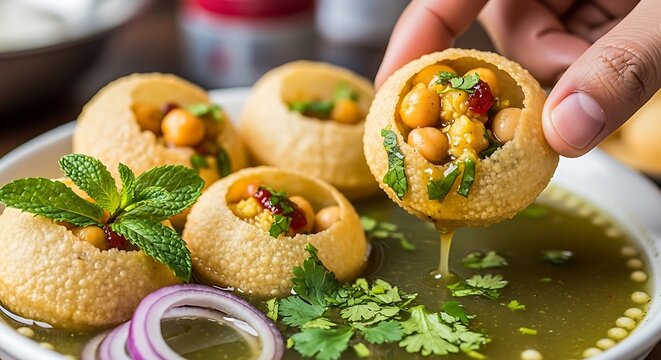 Golden Bites of Culinary Delight: A close-up shot of a tantalizing Indian street food known as pani puri, its crispy, golden shells filled with a vibrant medley of flavors. 