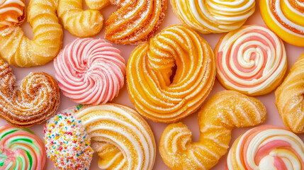 Vibrant and appetizing close-up of assortment of colorful, sugar-dusted sweet pastries, spiral cookies, and candies arranged beautifully on soft pink background