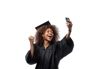 Happy graduate taking selfie with phone isolated on a transparent background