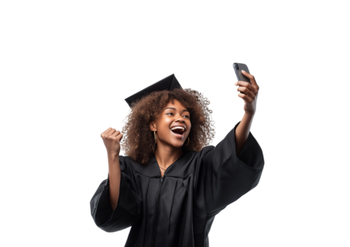 Happy graduate taking selfie with phone isolated on a transparent background