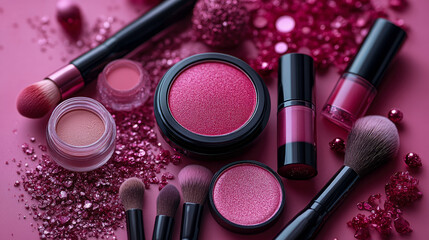 Vibrant Pink Glamour: Luxurious Array of Shimmering Makeup Products and Sparkling Glitter Spread on Rosy Background