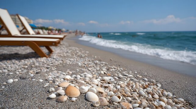 Close up of seashells on a pebbly beach with lounge chairs ocean waves and a clear blue sky