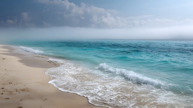 Misty turquoise ocean waves roll onto a serene white sand beach under a dramatic cloudy sky