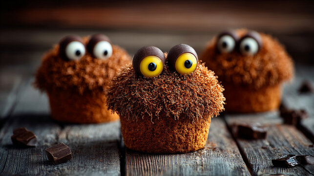 Three chocolate cupcakes with googly eyes on a wooden surface in soft focus background close up shot
