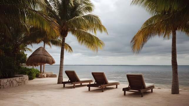 Serene tropical beach with empty lounge chairs under palm trees overlooking a calm ocean under a cloudy sky