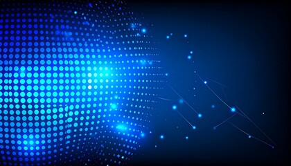 Dotted blue sphere emitting light with connecting lines against a dark blue gradient background