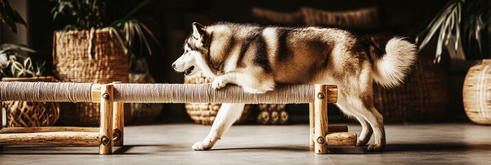 A husky explores a tunnel and climbing platform in a spacious indoor dog training area designed for fitness and rehabilitation. This setup promotes health and bonding, banner