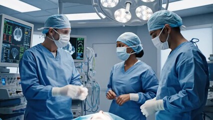 Diverse surgical team in scrubs and masks preparing for an operation in a modern hospital operating room with medical technology - Powered by Adobe