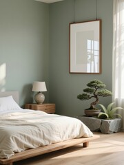 Fototapeta premium Poster frame mockup in minimalist bedroom with bonsai and soft natural light