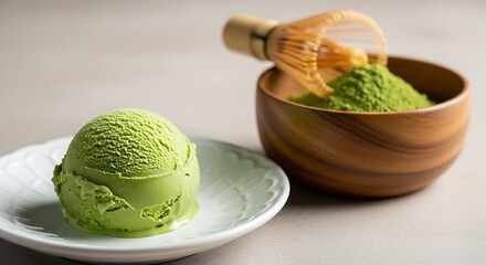 Delicious green matcha ice cream scoop served with traditional bamboo whisk and matcha powder in a wooden bowl a perfect summer dessert