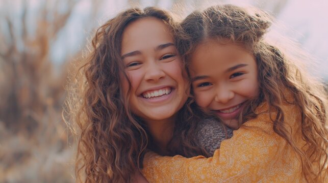 In this warm scene, a teenage girl lovingly hugs her younger sister, creating a bond filled with joy and happiness. The sisters share an affectionate moment together, surrounded by