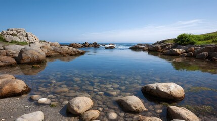 A peaceful sunlit scene of a rocky shoreline with clear tide pools reflecting the blue sky