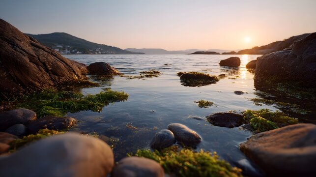 Golden sunset over a calm sea with a rocky shore and seaweed