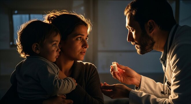 Refugee woman holding child as doctor provides assistance