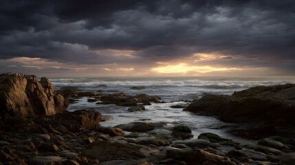 Dramatic moody sunset casts golden light over a rugged rocky coastline with crashing waves and turbulent dark clouds