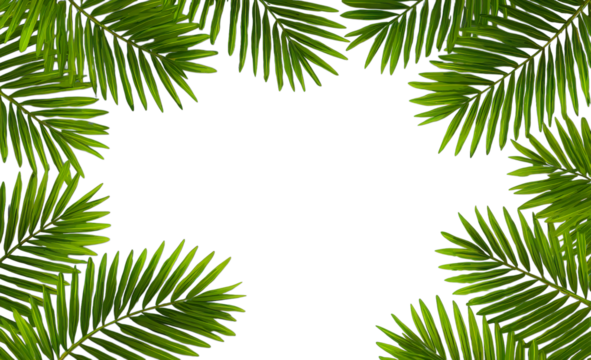 Palm fronds frame: A close-up view features vibrant green palm fronds, elegantly framing an open space, evoking a sense of tropical serenity.