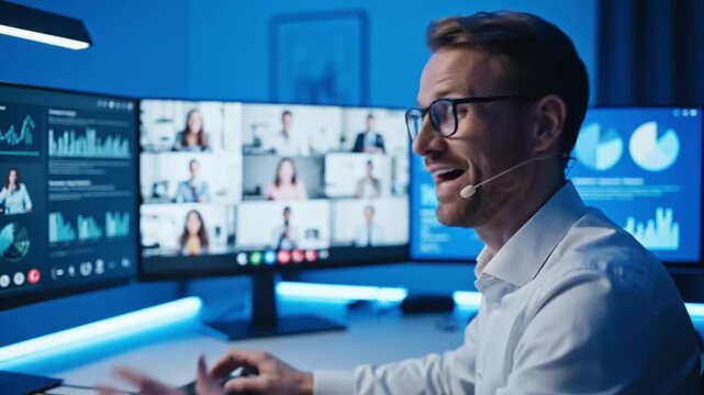Smiling professional in headset leading online video conference with data dashboards on multiple screens in modern office - Powered by Adobe