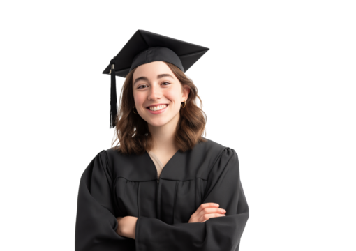 Smiling graduate in cap and gown isolated on a transparent background