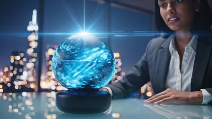 Professional woman interacts with futuristic glowing globe in modern office, visualizing data or global concepts - Powered by Adobe