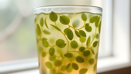 woodruff. A clear glass with fresh green woodruff leaves floating inside, condensation on the glass. bar promotions, beverage menus, designed for food & beverage menus and cafe branding.