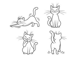 Four black and white outline drawings of cartoon cats in different poses