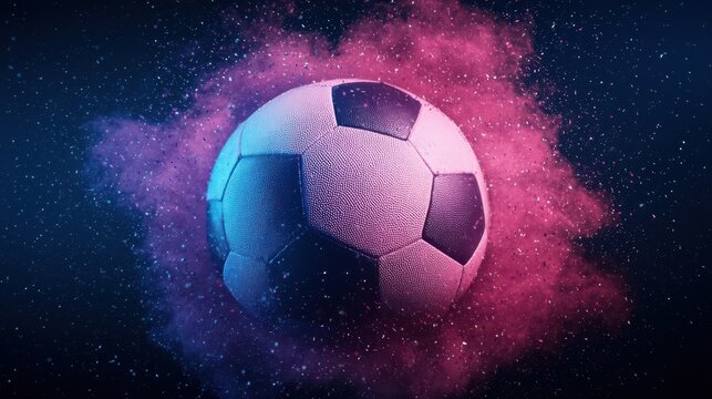 A vibrant soccer ball surrounded by a colorful cosmic cloud, blending shades of blue and pink, creating an energetic, dynamic visual effect.