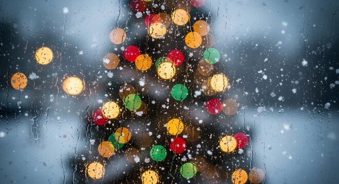Dreamy winter scene showcasing a Christmas tree's bokeh lights through a snow covered window evoking cozy holiday memories