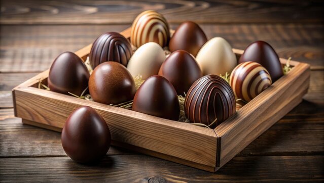 A wooden crate filled with assorted chocolate eggs, nestled in straw, on a rustic wooden surface. One additional chocolate egg rests outside the crate.