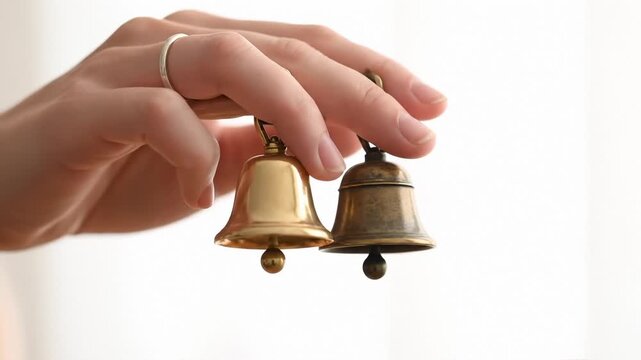 Hand Holding and Ringing Two Small Brass Bells Close Up Slow Motion