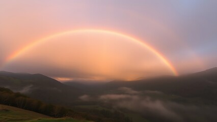 crescendo. A vibrant rainbow arching over a misty valley after rainfall. travel magazines, destination branding, designed for outdoor magazines and nature guides, used by financial analysts.