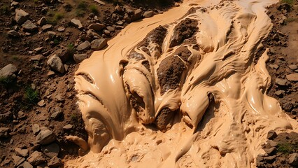 phonolite. Muddy slurry flowing down a hillside, creating viscous patterns in natural daylight. ESG reports, sustainability campaigns, designed for environmental awareness campaigns.