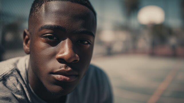 A young African American man sits on a basketball court, looking intently towards the camera with a confident demeanor. The basketball court setting adds to the man's strong presen