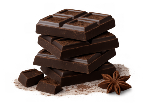 Dark chocolate bar stack with cocoa powder and star anise spice, sweet dessert food ingredient on transparent background