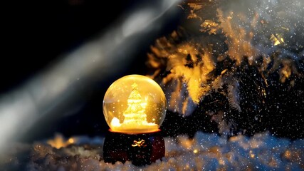 Magical snow globe with golden Christmas tree, falling snow, and festive bokeh background.【Generative AI】
 - Powered by Adobe