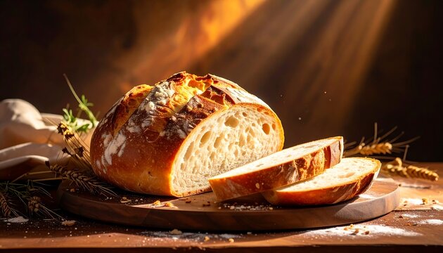 Crusty bread, sliced, on wooden board under light. Warm, rustic food photography with soft shadows