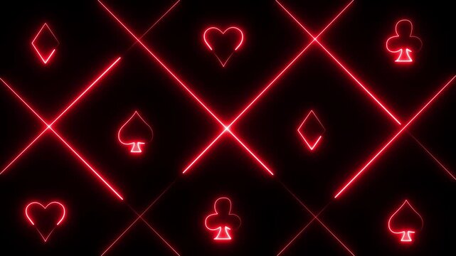 neon spade suit or symbol of playing card, 4k gambling animation. Neon playing cards glowing on black background. Abstract animation background. Concept of online casino and bet.