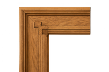Wood frame corner trim showing intricate joint and decorative molding, carpentry element isolated on transparent background
