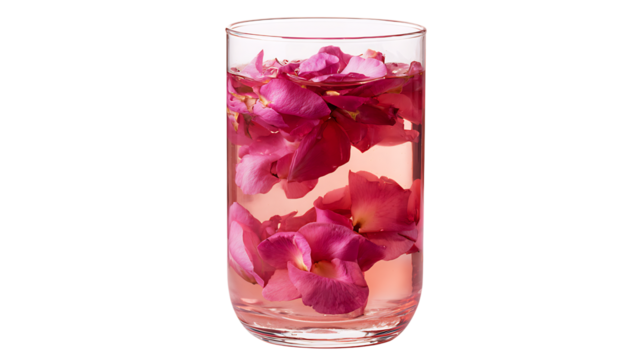 Elegant glass filled with delicate pink flower petals, , creating a serene and visually appealing composition