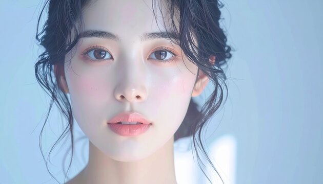 日本人, 超リアル, 美しい若い女性, 顔クローズアップ, 欠点のない肌, 輝く肌質, ナチュラルメイク, 柔らかなライティング, 美容CM風, シネマティック, カメラ目線, 高解像度, Japanese, ultra-realistic, beautiful young woman, face close-up, flawless skin, glowing complexion