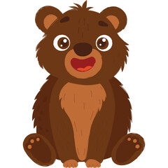 Cute cartoon brown bear sitting happily with an open mouth and big eyes detailed illustration isolated on transparent background