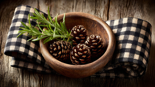 Rustic pine cones in wooden bowl with checkered ribbon.