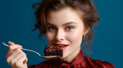 A young lady is enjoying a piece of chocolate cake slice