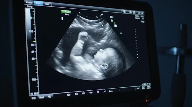 A grayscale ultrasound screen displaying a detailed profile of a fetus inside the womb, showing the baby lifting its arm. This is a moment from a USG video.