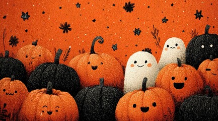 Hand-Drawn Halloween Pattern with Smiling Pumpkins and Stars on Orange Background, Festive Decorative Illustration
